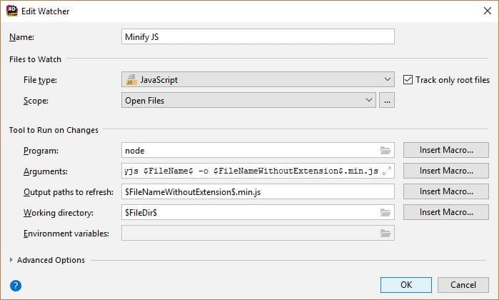 Minifying JS and CSS files with Rider File Watchers