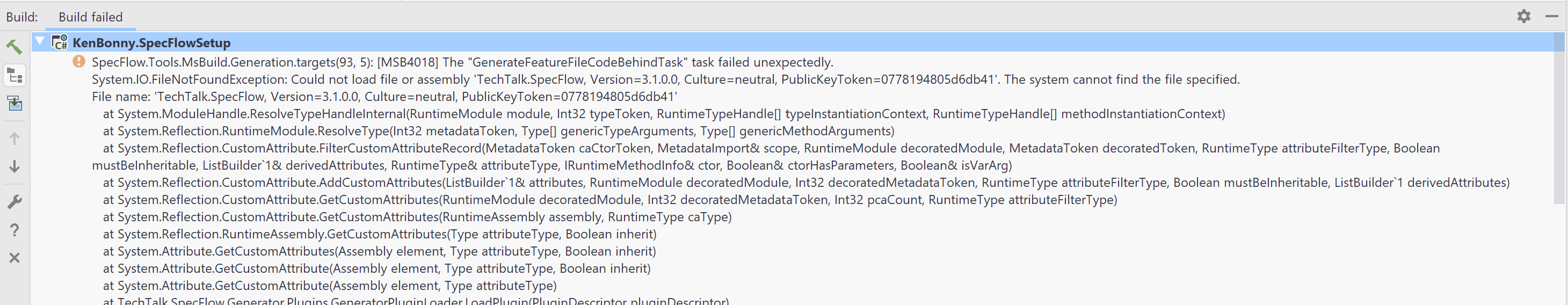 Specflow GenerateFeatureFileCodeBehindTask error